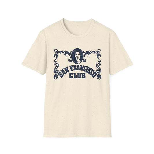 Cream t-shirt with distressed navy "San Francisco Club" text and portrait graphic.