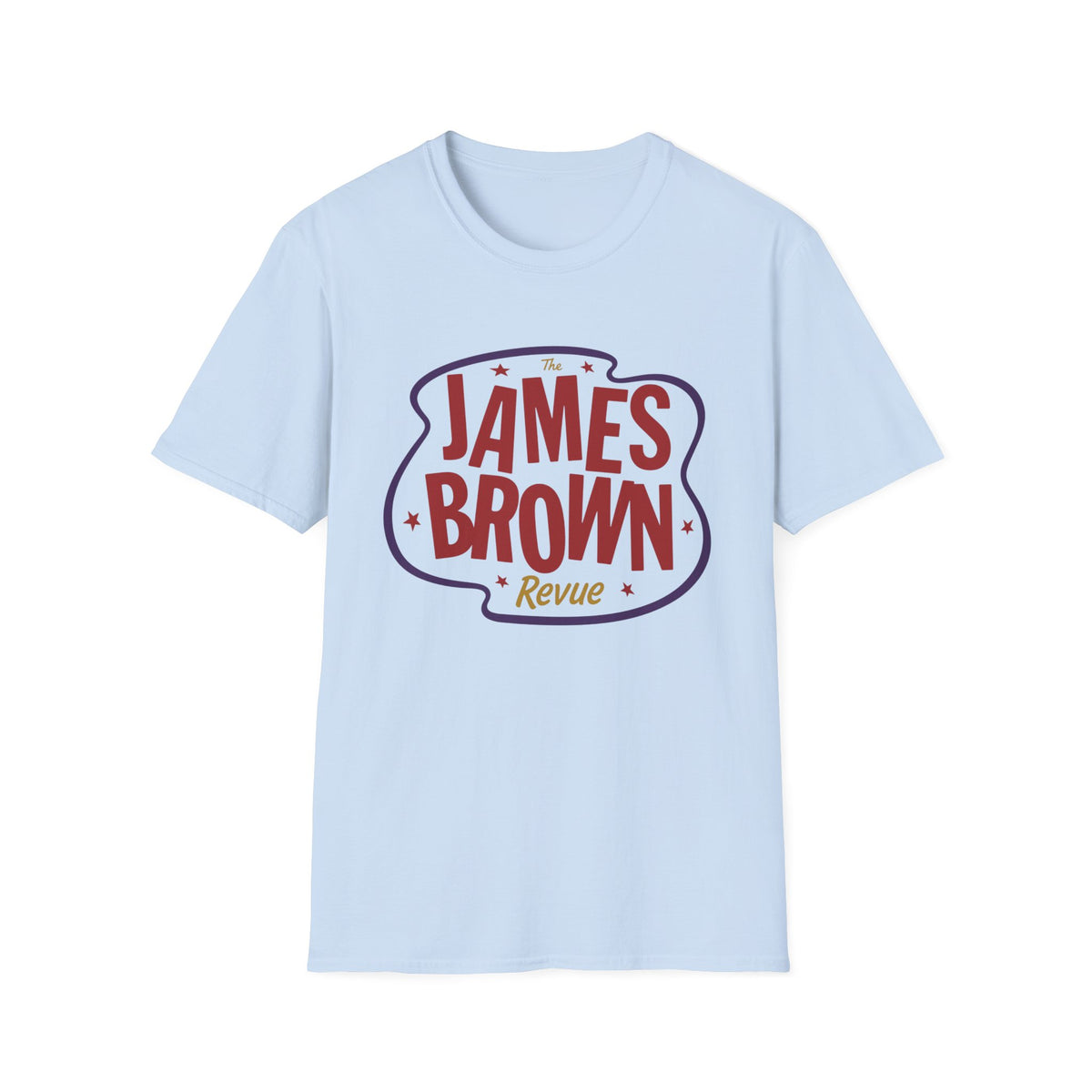 Light blue t-shirt with "The James Brown Revue" graphic on the front.