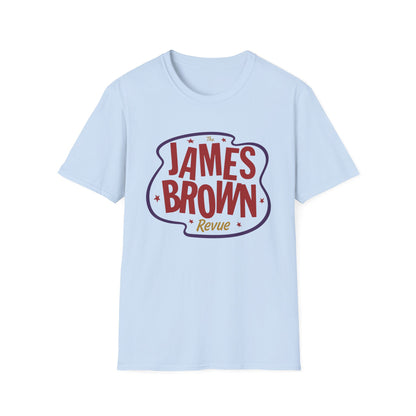 Light blue t-shirt with "The James Brown Revue" graphic on the front.