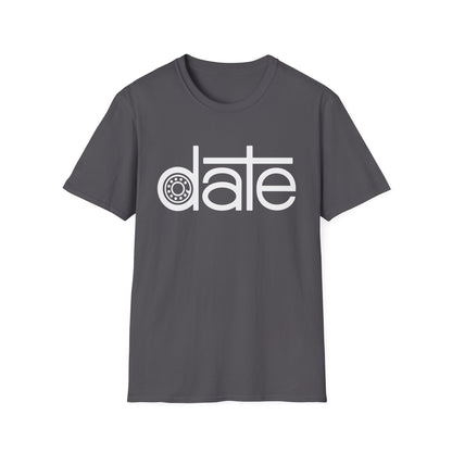Grey t-shirt with white "date" graphic featuring a wheel in place of the "a".