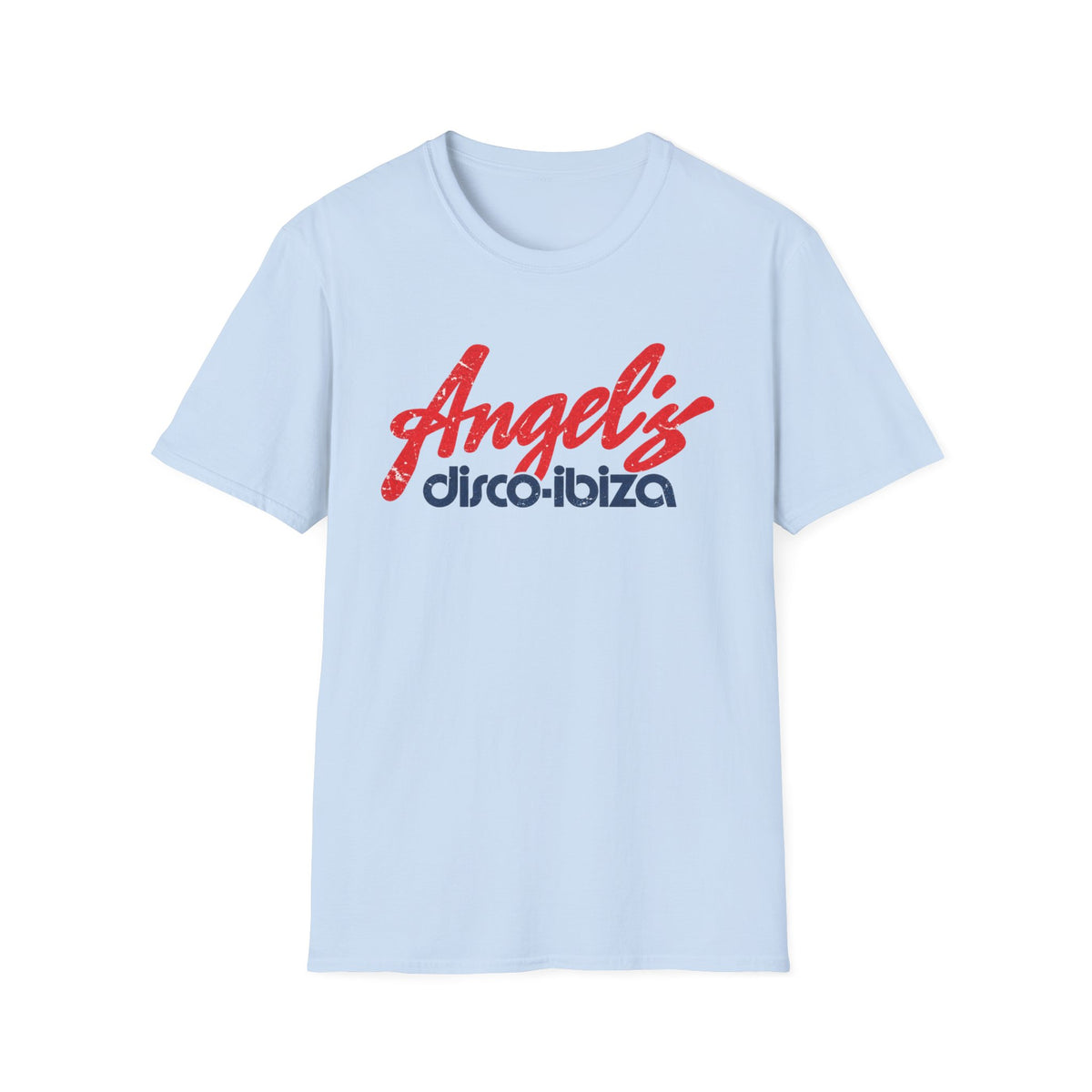 Light blue t-shirt with "Angel's disco-ibiza" text in red and blue.