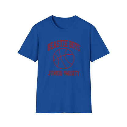 Blue t-shirt with red "Beastie Boys Junior Varsity" text and basketball graphic.