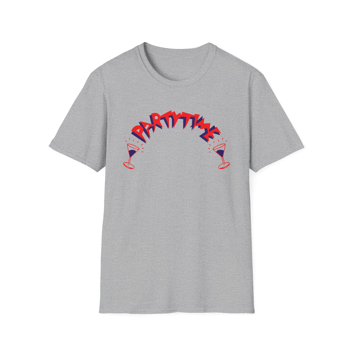 Grey t-shirt with red and blue "PARTY TIME" text and two martini glasses.