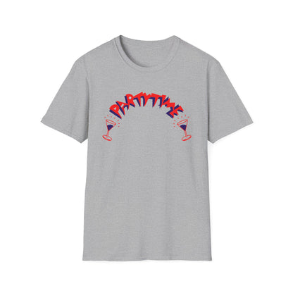 Grey t-shirt with red and blue "PARTY TIME" text and two martini glasses.