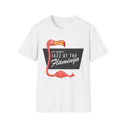White t-shirt with "JEFF KRUGER'S JAZZ AT THE Flamingo" text and a flamingo graphic.