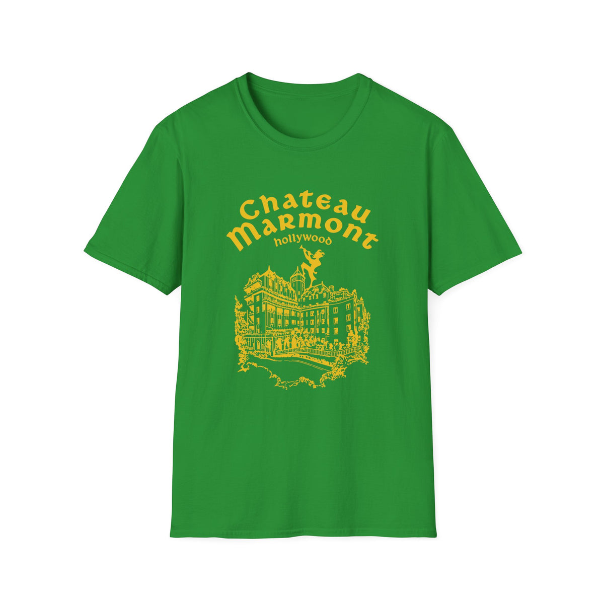 Green t-shirt with yellow Chateau Marmont Hollywood graphic and building illustration.