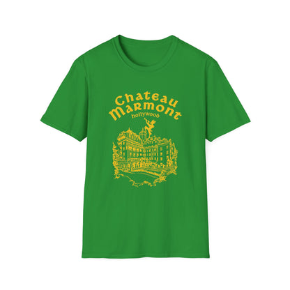 Green t-shirt with yellow Chateau Marmont Hollywood graphic and building illustration.