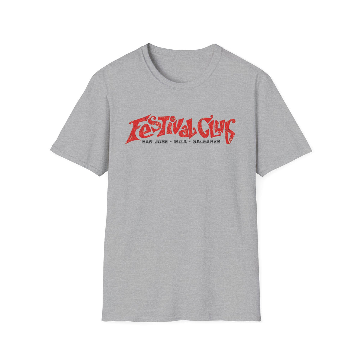 Grey t-shirt with "Festival Club" and "San Jose - Ibiza - Baleares" in red text.
