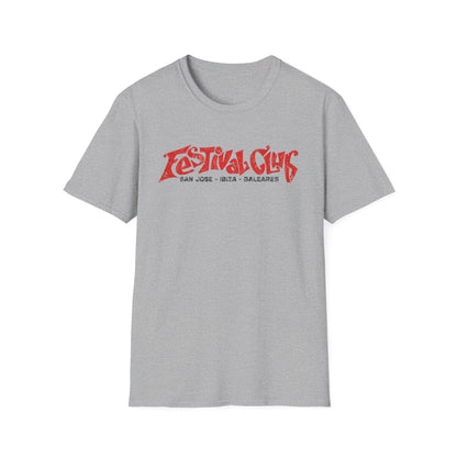 Grey t-shirt with "Festival Club" and "San Jose - Ibiza - Baleares" in red text.