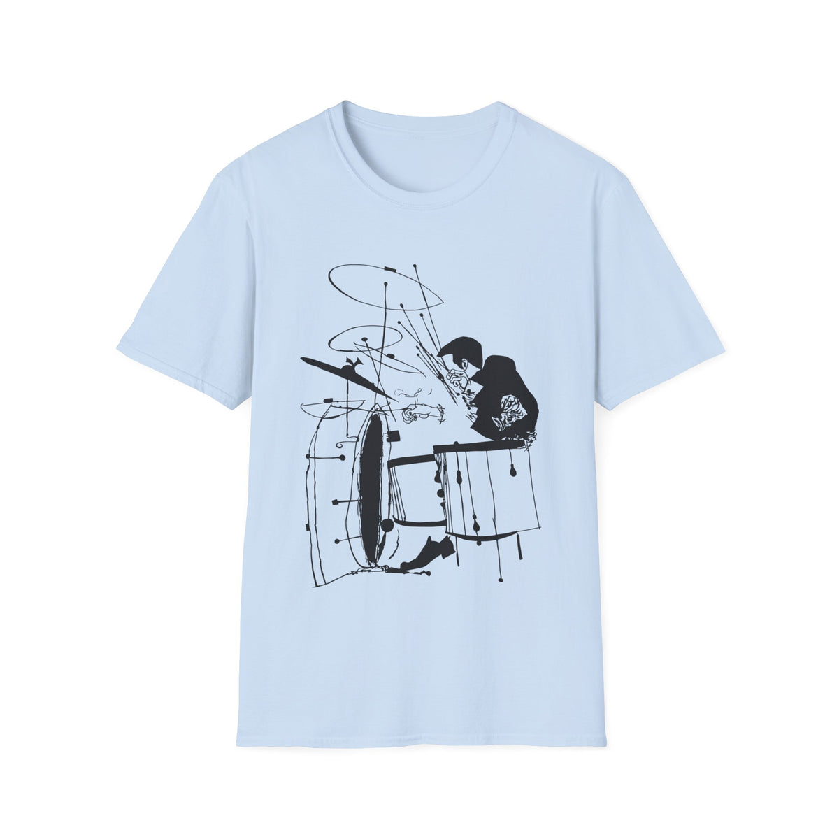 Light blue t-shirt with a black line drawing of a drummer playing drums.