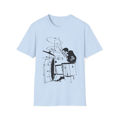 Light blue t-shirt with a black line drawing of a drummer playing drums.