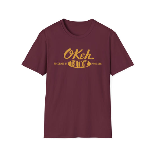Maroon t-shirt with yellow "OKeh" and "Recorded by True One Process" text.