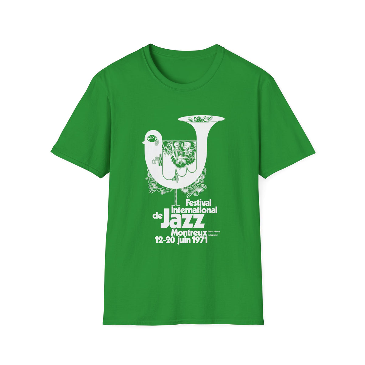 Green t-shirt with white 1971 Montreux International Jazz Festival poster design.