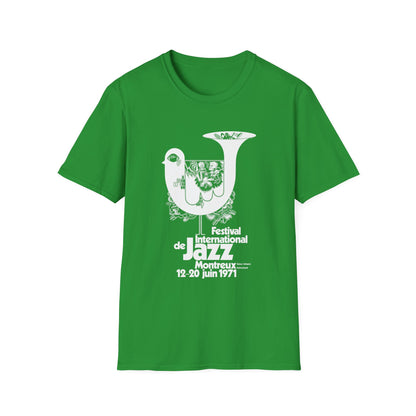 Green t-shirt with white 1971 Montreux International Jazz Festival poster design.