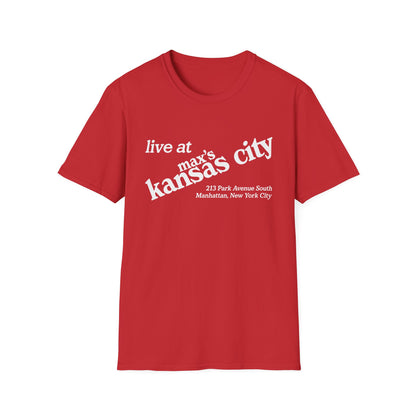 Red t-shirt with white text: "live at max's kansas city" and address.