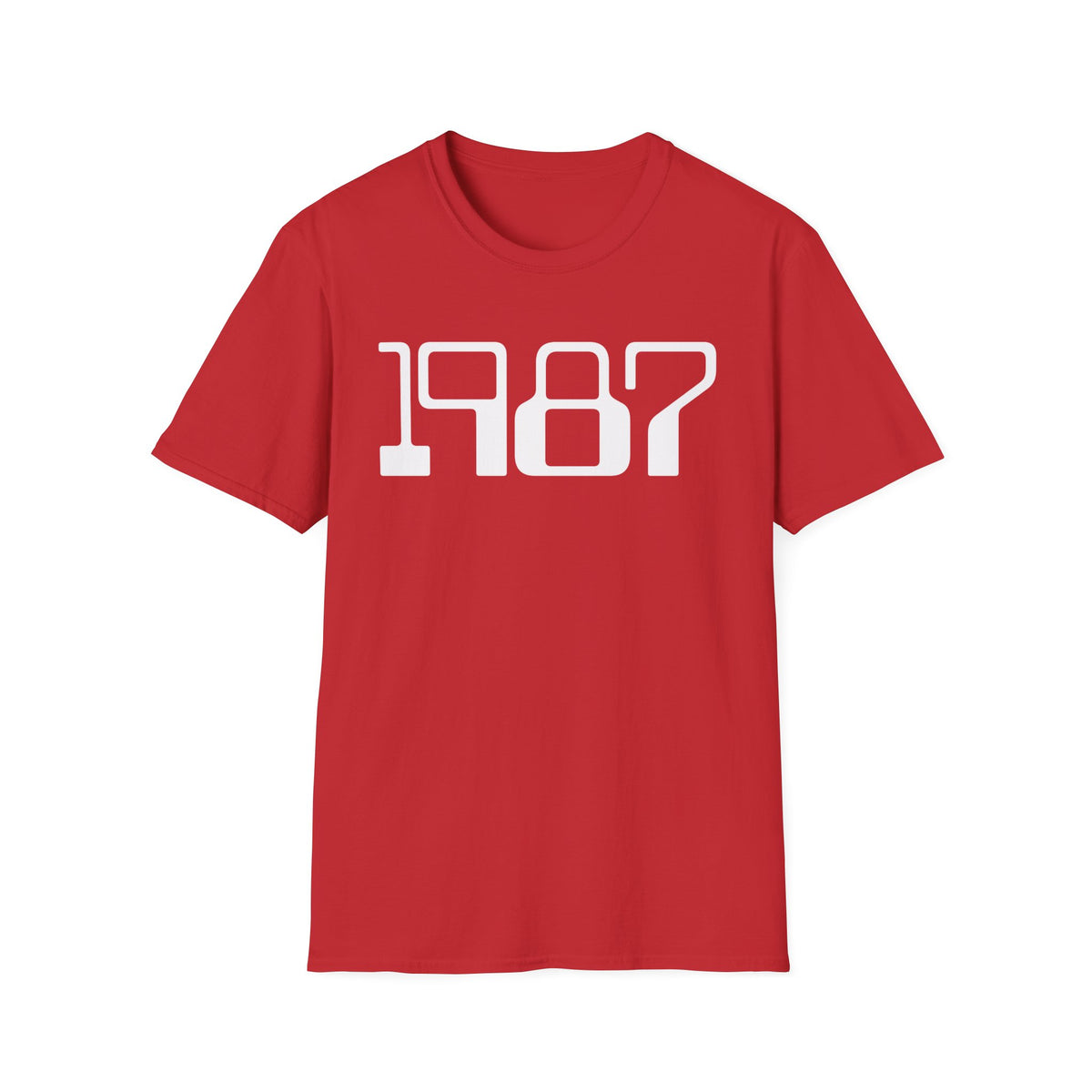 Red t-shirt with white "1987" text on the chest.