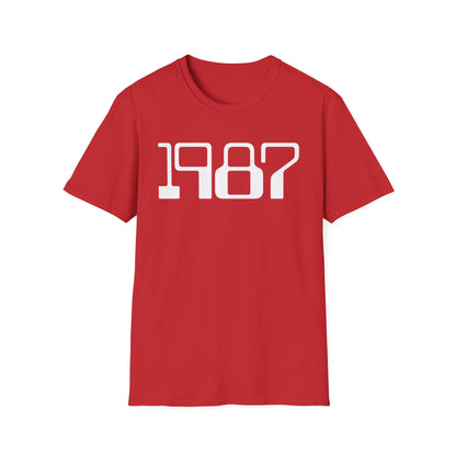 Red t-shirt with white "1987" text on the chest.