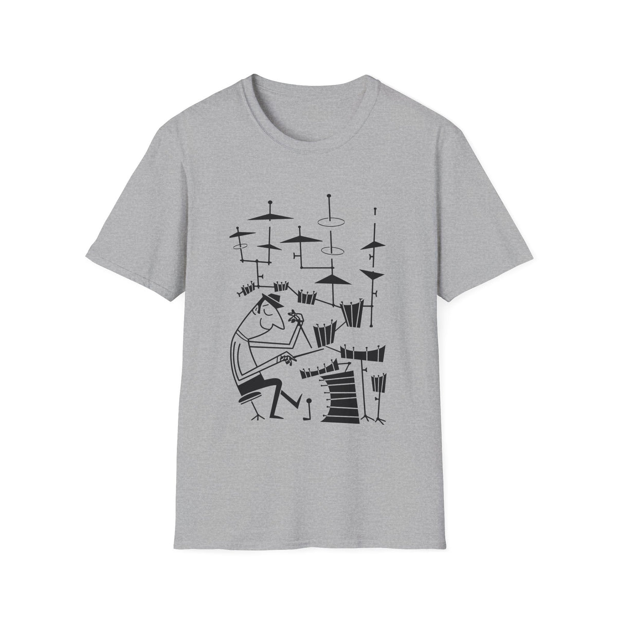 Gray t-shirt with a black line drawing of a drummer playing a drum set.