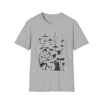 Gray t-shirt with a black line drawing of a drummer playing a drum set.
