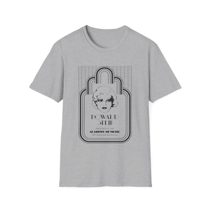 Gray t-shirt with art deco design featuring a woman's face and text.