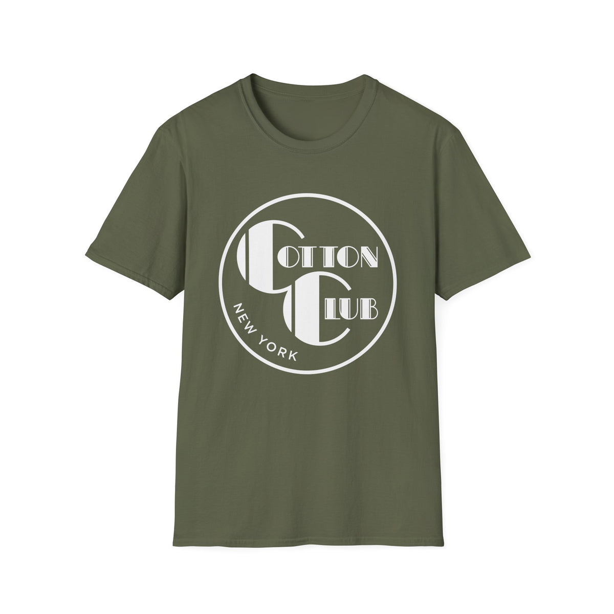 Olive green t-shirt with a white circular logo that reads "Cotton Club New York".