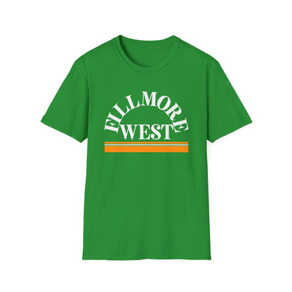Green t-shirt with white "Fillmore West" text and orange stripes.