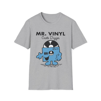 Mr. Vinyl Crate Digger graphic with a blue character and a vinyl record on a grey t-shirt.
