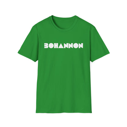 Green t-shirt with white "BOHANNON" text and geometric shapes.