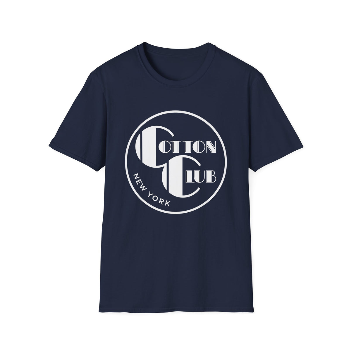 Navy t-shirt with white circular Cotton Club New York logo on chest.