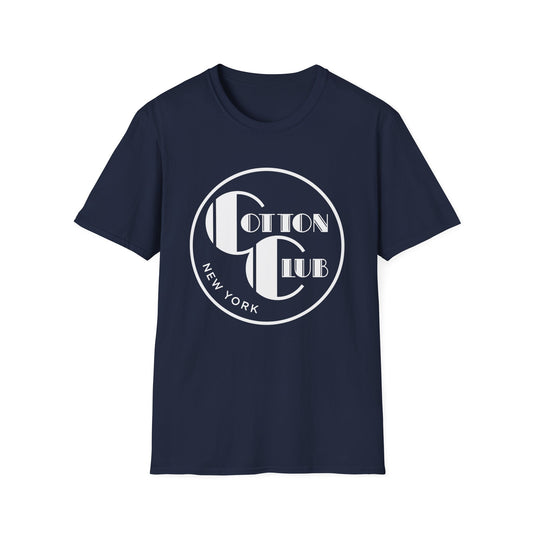 Navy t-shirt with white circular Cotton Club New York logo on chest.