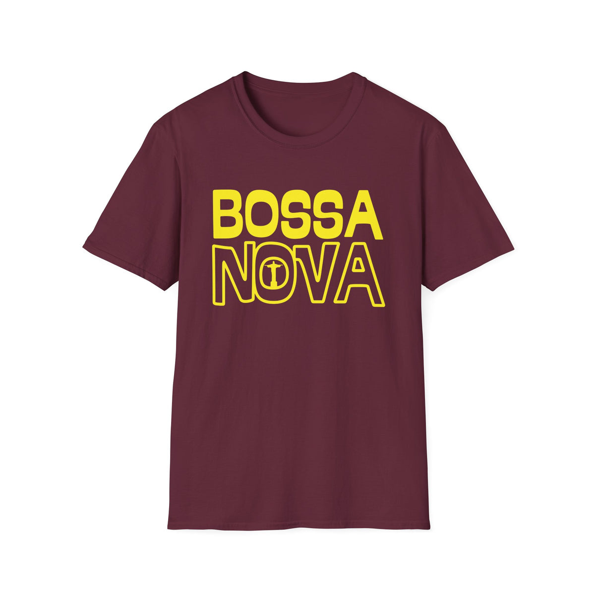 Maroon t-shirt with yellow "BOSSA NOVA" text and a symbol in the 'O' of NOVA.