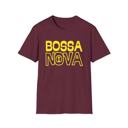 Maroon t-shirt with yellow "BOSSA NOVA" text and a symbol in the 'O' of NOVA.