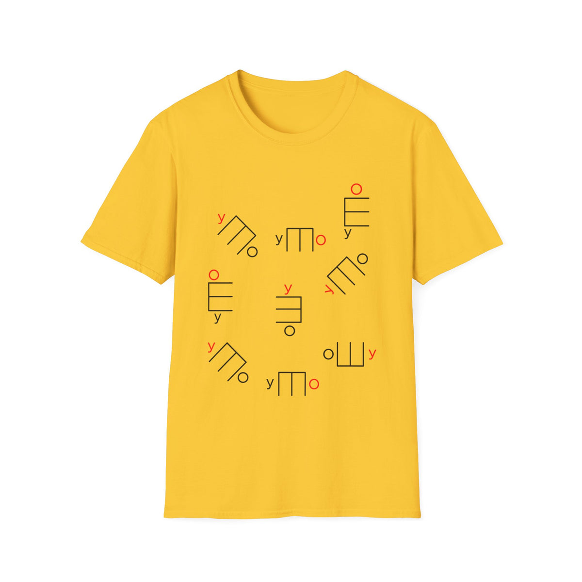 Yellow t-shirt with a scattered pattern of abstract black and red symbols.