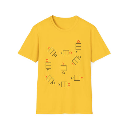 Yellow t-shirt with a scattered pattern of abstract black and red symbols.