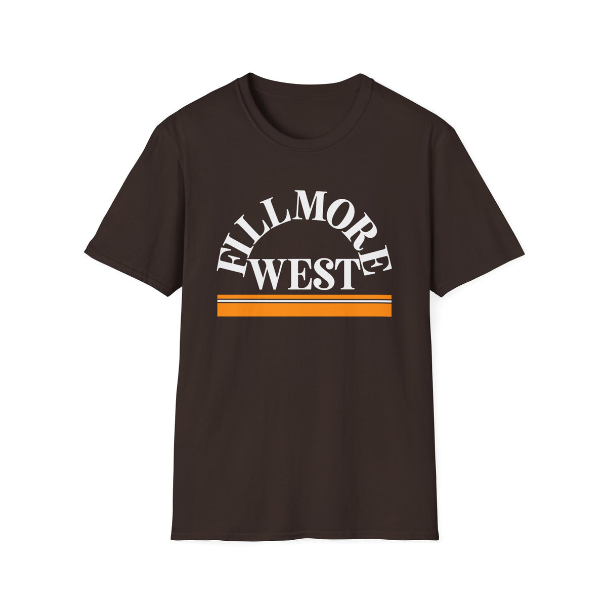 Brown t-shirt with white "FILLMOR WEST" graphic and orange stripes.