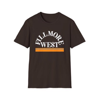 Brown t-shirt with white "FILLMOR WEST" graphic and orange stripes.