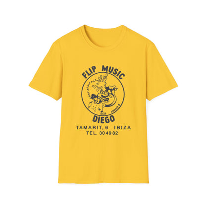 Yellow t-shirt with "Flip Music Diego" graphic and contact information.