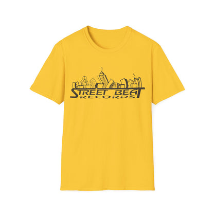 Yellow t-shirt with black "Street Beat Records" text and skyline graphic.