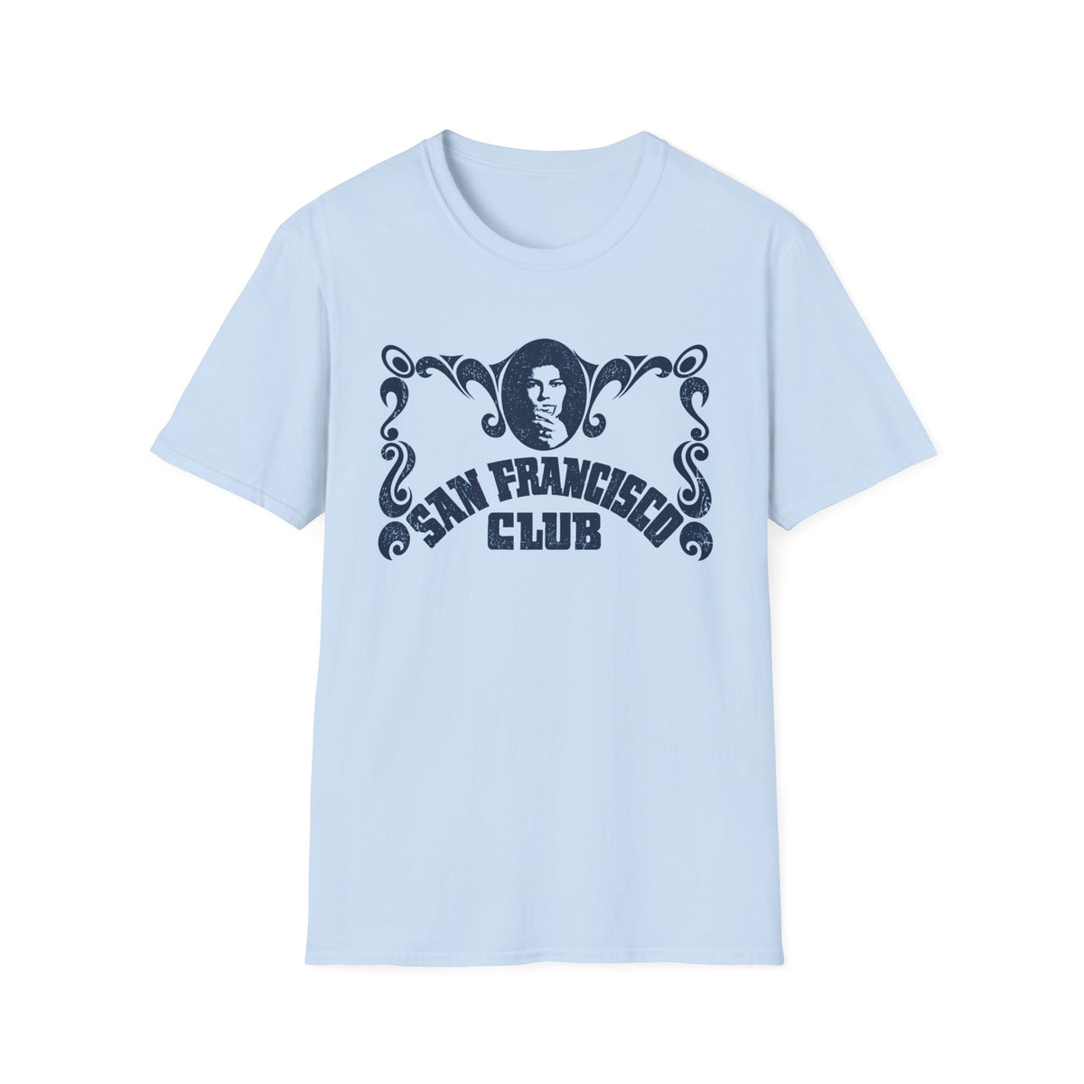 Light blue t-shirt with "San Francisco Club" and a woman's portrait graphic.
