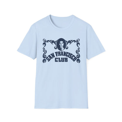 Light blue t-shirt with "San Francisco Club" and a woman's portrait graphic.