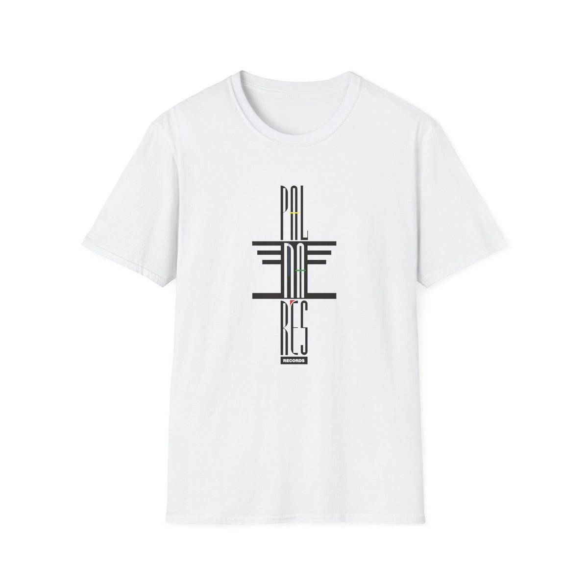 White t-shirt with black and yellow "PAL + RES RECORDS" graphic design.