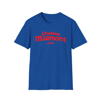Blue t-shirt with red Chateau Marmont Hotel text graphic.