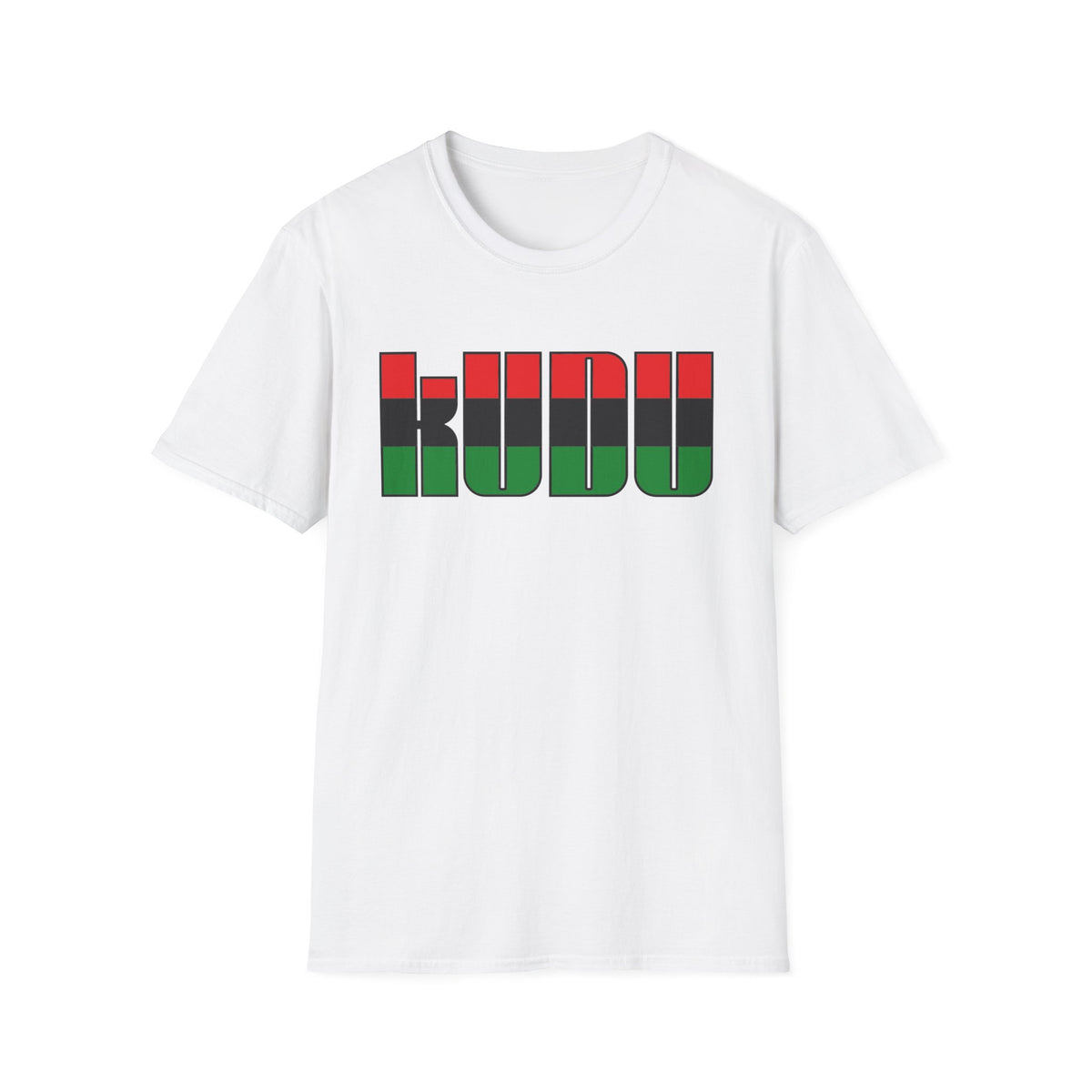 White t-shirt with "KUDU" in black, red, and green blocks.