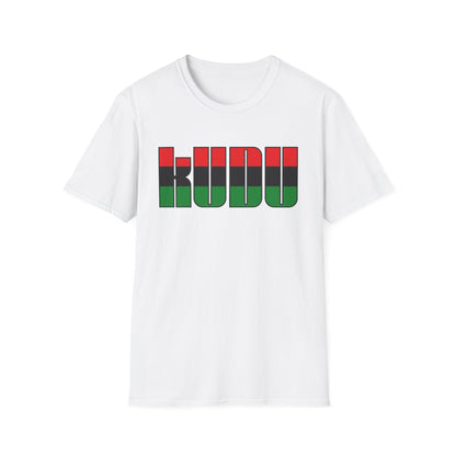 White t-shirt with "KUDU" in black, red, and green blocks.