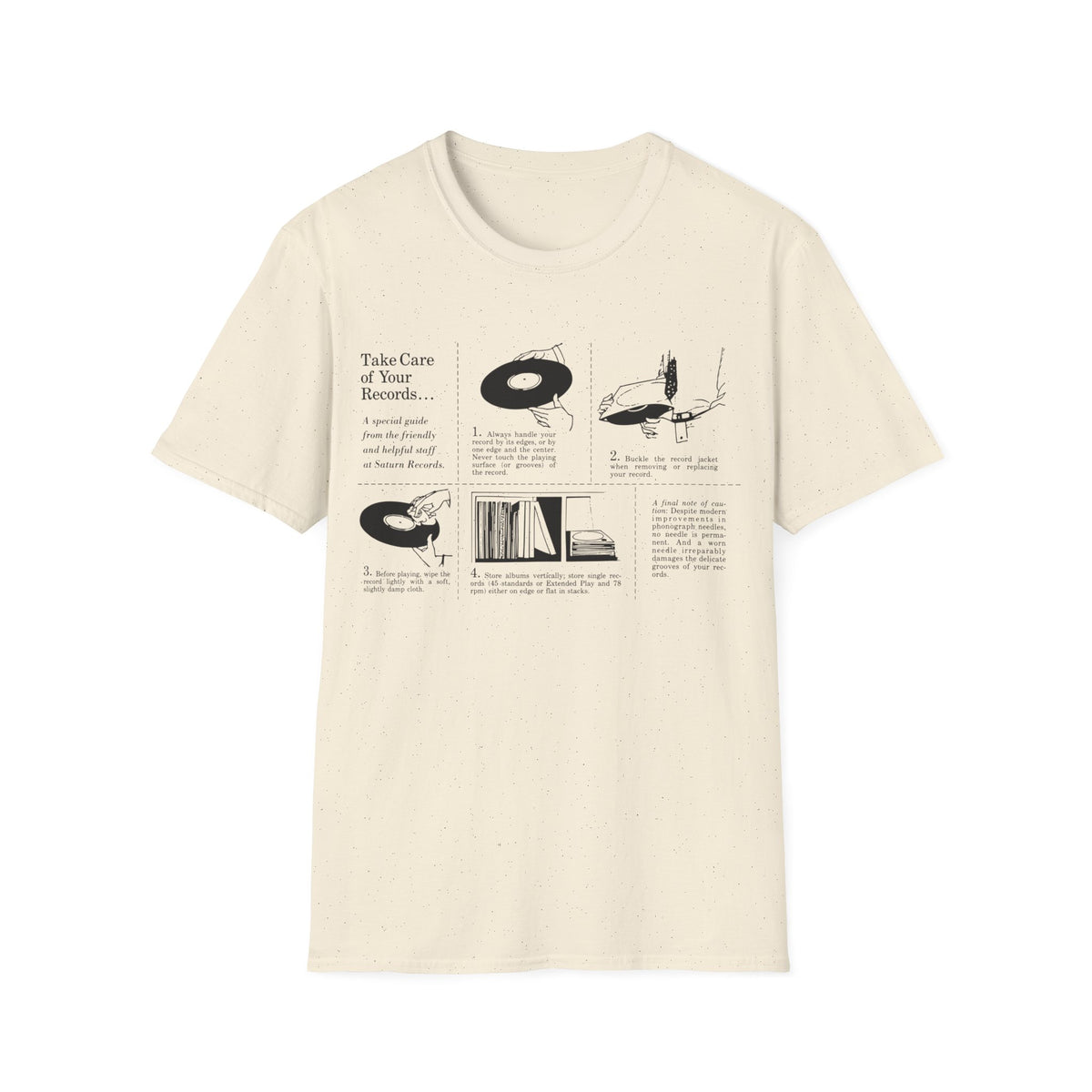 T-shirt with graphic explaining how to care for records, including handling, storage, and needle care.