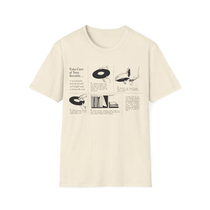T-shirt with graphic explaining how to care for records, including handling, storage, and needle care.
