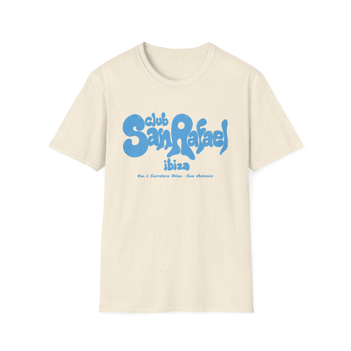 Cream t-shirt with blue "club San Rafael ibiza Km. 6 Carretera Ibiza - San Antonio" text.