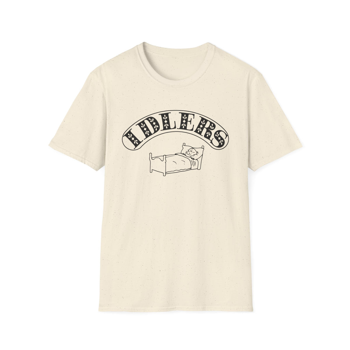 Cream t-shirt with black "IDLERS" text above a drawing of a person in bed.