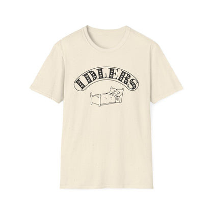 Cream t-shirt with black "IDLERS" text above a drawing of a person in bed.
