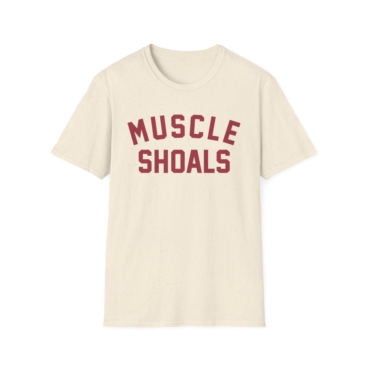 Cream t-shirt with "Muscle Shoals" text in maroon collegiate lettering.
